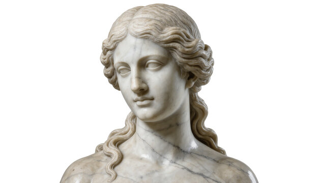 Classical marble sculpture of a woman s bust with flowing hair, isolated on transparent background