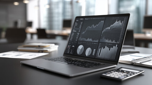 Photorealistic modern business analytics workspace featuring a laptop screen with abstract data visualization, generic charts and graphs without readable numbers or text, financial documents