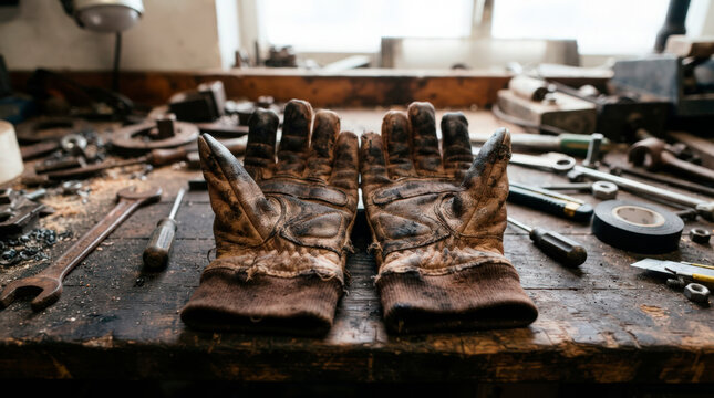 Work gloves on wooden table surrounded by tools and bits of metal, showcasing worn and dirty gloves. Gloves represent hardworking craftsmanship and dedication,