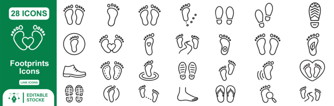 28 Footprint Vector Outline Icons Set &ndash; Walking, Footsteps, Shoe Prints, Baby Feet and Foot Trail Line Symbols Collection