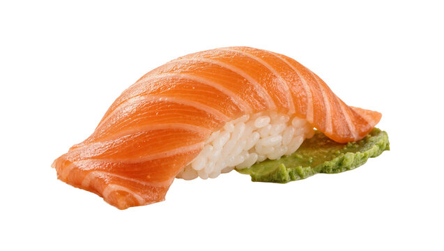 Fresh salmon nigiri sushi with textured green wasabi paste, isolated on transparent background