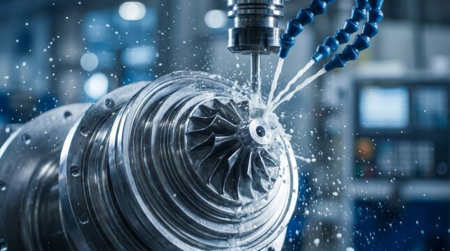 Fiveaxis machining process of rocket turbopump materials with coolant spray for heat dissipation.