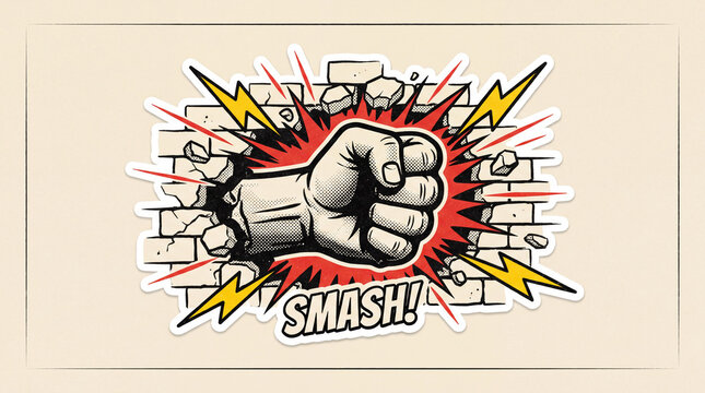 A powerful fist punches through a brick wall, with lightning bolts and the word "SMASH!" conveying force and impact.