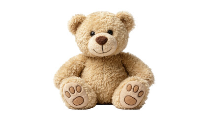 Fluffy brown teddy bear toy with stitched paw pads, isolated on transparent background © Mia
