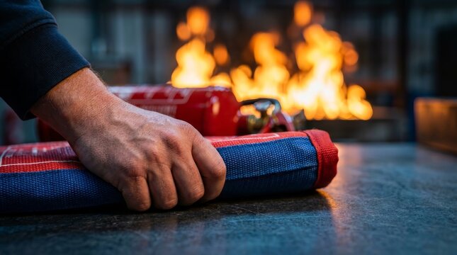 A person uses a fire blanket to stop a simulated fire in an emergency training course.