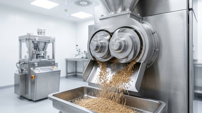 Mechanical blending and compression stages of twinscrew granulation within a modern production facility.