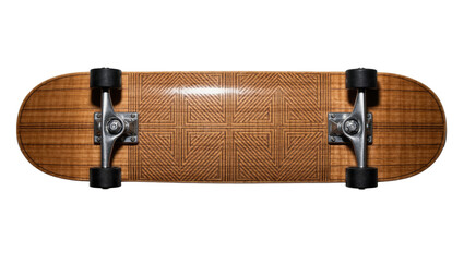 Wooden skateboard with geometric pattern, isolated on transparent background © Mia
