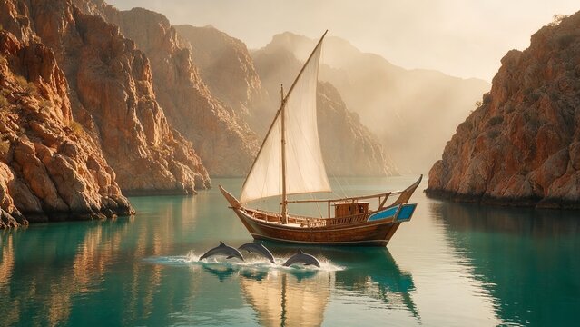 Traditional Wooden Dhow Sailing Between Rocky Cliffs with Dolphins