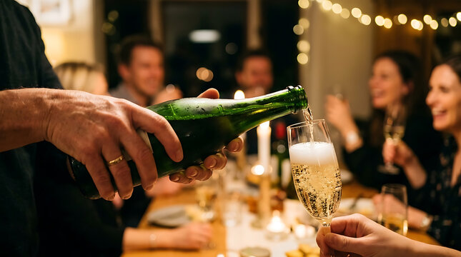Close up of hand pouring bubbly champagne into a flute glass during a festive dinner party with friends celebrating