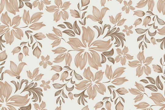 Vintage floral seamless pattern, elegant vintage textile design with hand-drawn peach apricot mandevilla flowers orange colour. Retro botanical Vector illustration floral pattern. 