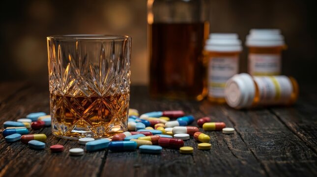Drug addiction concept featuring a glass of whiskey, scattered pills, and various medicine bottles on a dark rustic surface.