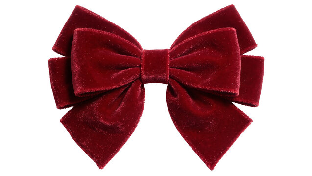 Luxurious deep red velvet bow with glitter accents, isolated on transparent background