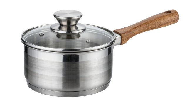 Stainless steel saucepan with glass lid and wooden handle, isolated on transparent background