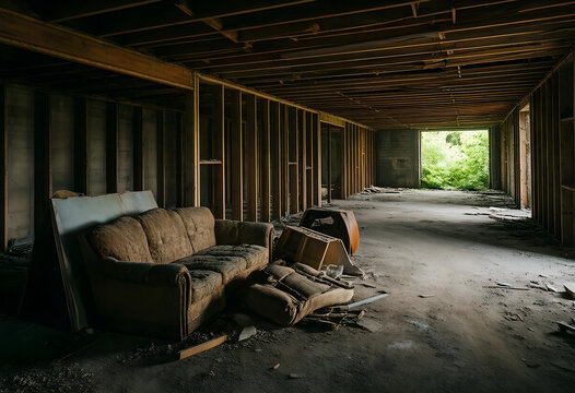 Urban decay and housing crisis, abandoned interior with old sofa in unfinished construction site showing economic decline and real estate development failure
