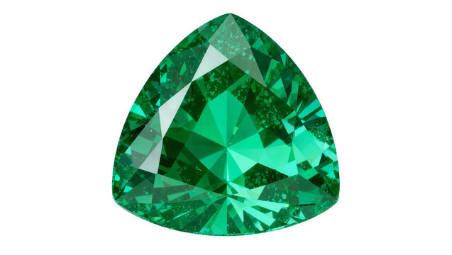 Triangular cut emerald gemstone with inclusions, isolated on transparent background