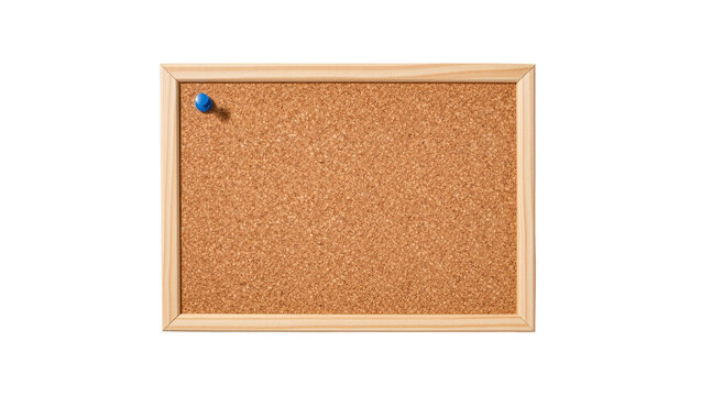 Rectangular cork board with wooden frame and blue pushpin, isolated on transparent background
