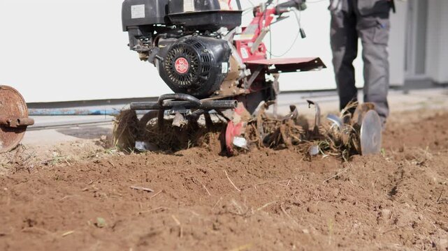 Tiller machine moves through dry brown soil beside partially visible operator legs, lifting dirt and grass debris and creating freshly turned earth in outdoor garden setting under bright daylight