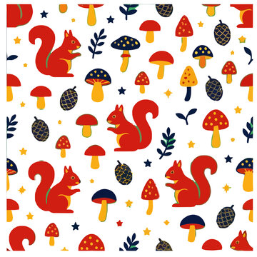Seamless pattern with squirrels, mushrooms, and pine cones