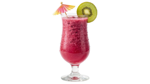Pink berry smoothie in hurricane glass with kiwi slice and cocktail umbrella, isolated on transparent background