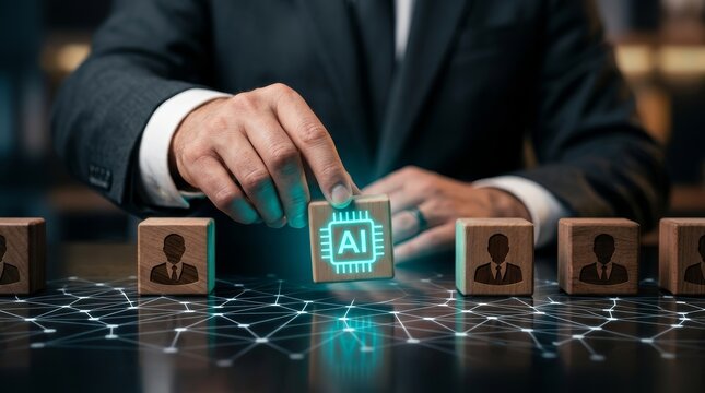 Artificial intelligence in human resources concept showing a businessman picking an AI cube among employee icons.