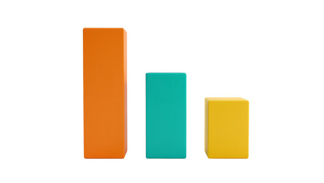 Three colorful rectangular bars representing a decreasing bar chart, isolated on transparent background