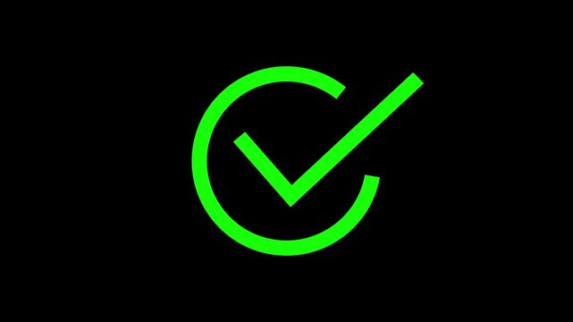 animated green checkmark icon on black background, minimalist success approval and confirmation concept, tick mark symbol on dark background