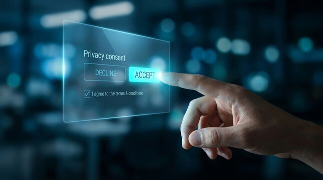 A user interacting with a digital screen to agree to terms and conditions and privacy consent.