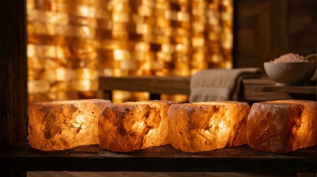 Warm amber light glows through unique natural mineral salt bricks in a wellness setting.