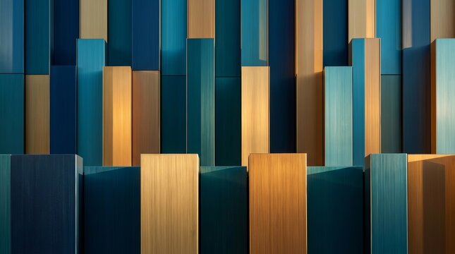 Brushed metallic gold and blue textured panels create an abstract architectural background.