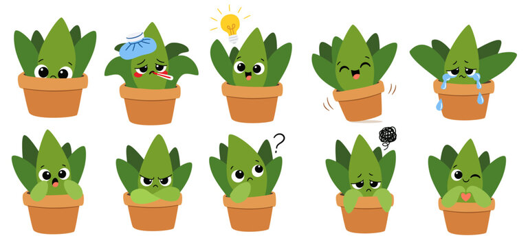 Cute potted succulent plants showing different emotions and moods, including happiness, sadness, anger, confusion and affection. Playful flat vector illustration for children, stickers and designs