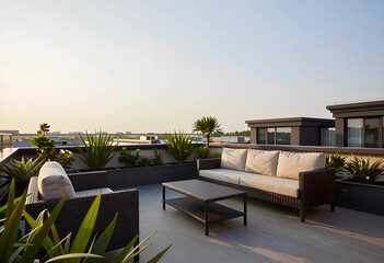 Obraz premium Luxury rooftop terrace lifestyle, modern outdoor lounge furniture with sofa and coffee table on a penthouse balcony at sunset for real estate marketing