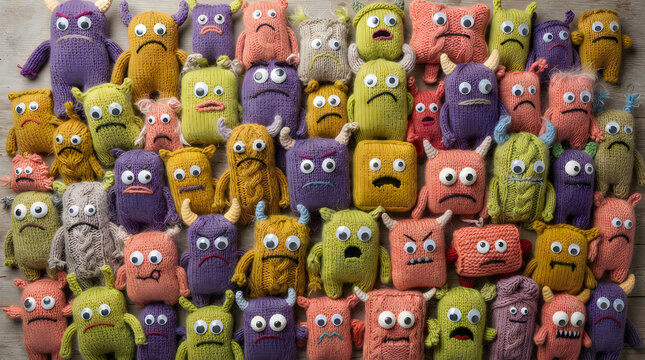 Many colorful cute square monsters with big eyes and funny faces in a large group pattern