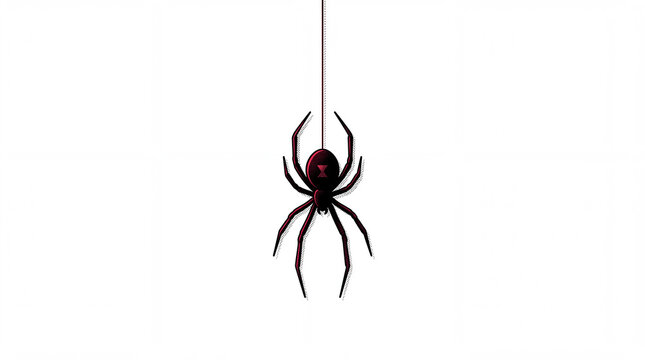 A graphic illustration of a black widow spider with a red hourglass marking, suspended by a thin thread on a plain white background.
