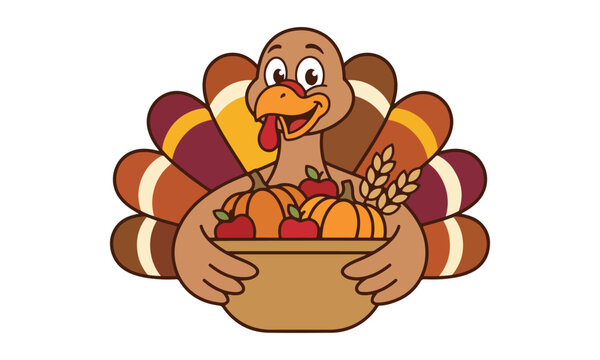 Cartoon turkey holding a cornucopia filled with autumn harvest fruits and vegetables