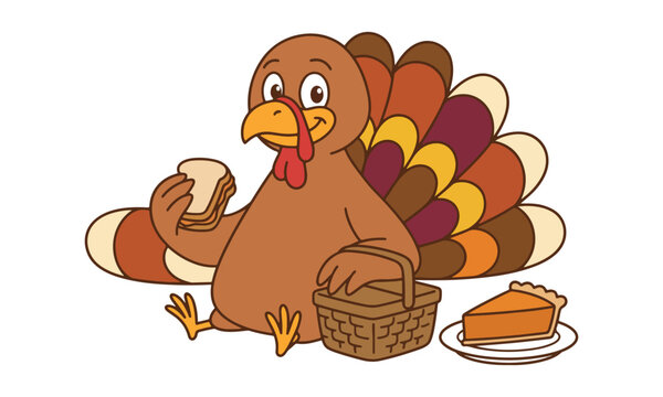 Cartoon turkey enjoying a slice of pie and a drumstick for Thanksgiving dinner