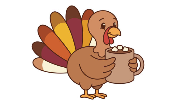 Cartoon turkey happily holding a large mug of hot beverage on a white background