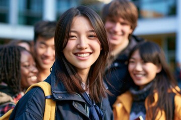 Fototapeta premium Happy smiling female student surrounded by diverse group of friends outdoors on campus