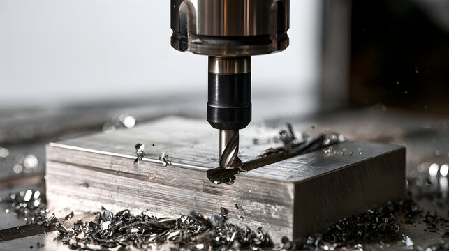 metal milling process with an end mill cutter mounted in a spindle, cutting a slot into a metallic block while metal chips fly off isolated on white