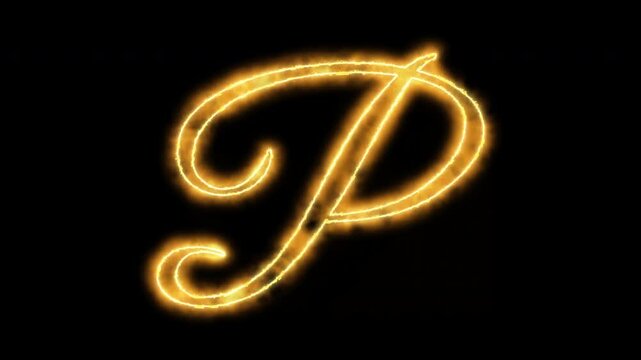 Golden glowing letter p animation, calligraphy script with fire particle effects on black background