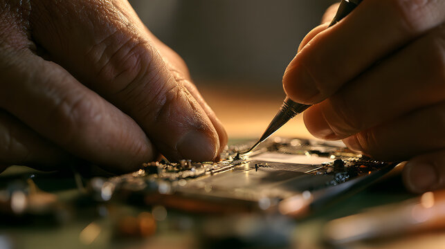 Precision Tech Repair: A technician's skillful hands meticulously repairing a mobile phone, demonstrating the intricate process of fixing electronic devices with precision.