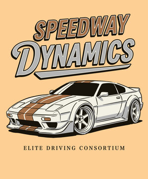 Sport car print design for t shirt. Retro racing vector artwork. Speedway dynamics poster.