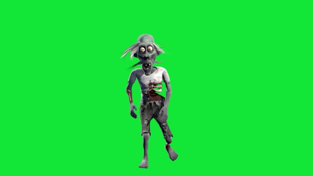 3D Cartoon Zombie Character on Green Screen. Looped Spooky Halloween Animation