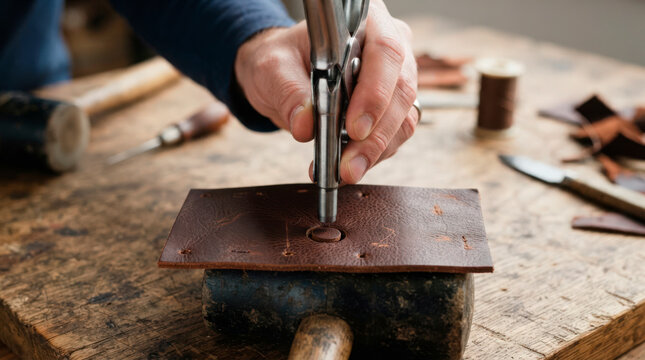 Leatherworking tools in action, artisan hand using crafting tools to punch leather on wooden table. Leather crafting involves precision tools for quality craftsmanship in handmade goods.