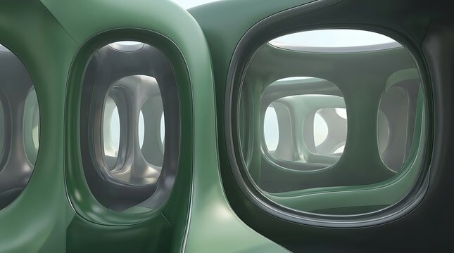Abstract architectural interior with smooth flowing curves and organic shapes in green tones