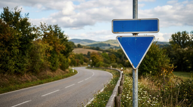Roadside Blue Signage In Scenic Countryside Landscape