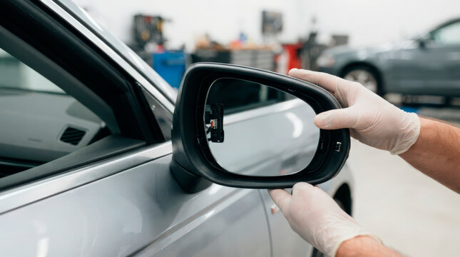 Car repair technician installing side mirror on vehicle in auto service center. Side mirror replacement involves careful handling and precise fitting for optimal view and safety.