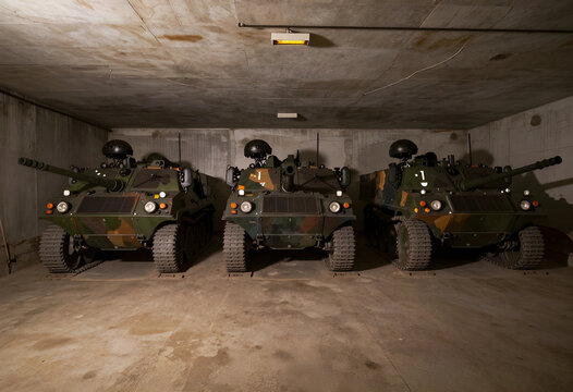 Military defense and national security, three armored combat vehicles parked in a concrete bunker for strategic readiness and tactical preparedness