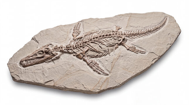 Thalattosaurus alexandrae fossil embedded in rock, representing paleontology and Triassic marine reptile fossils on white