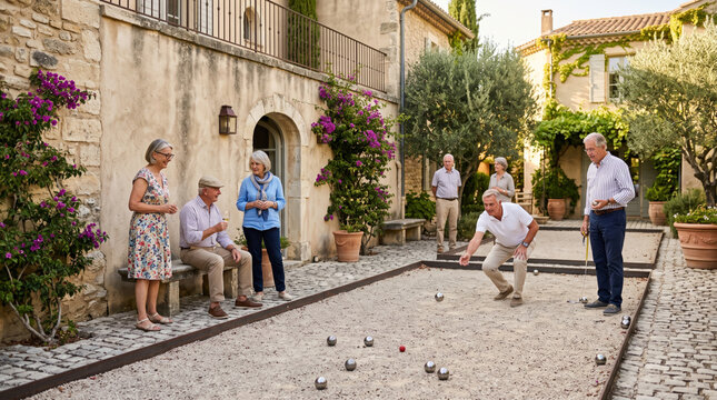 Seniors Enjoying a Game of Bocce Ball in a Picturesque European Courtyard
