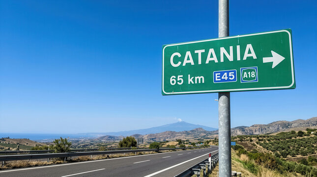 Road Sign To Catania With Mount Etna In The Distance Sicily Italy
